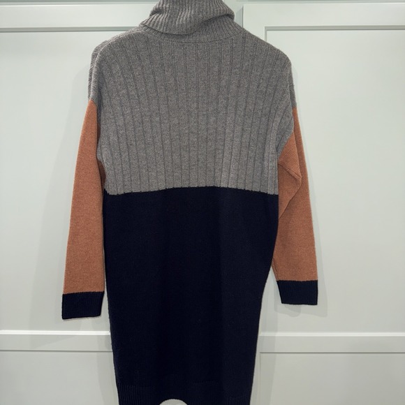 MADEWELL Colorblock Sweater Dress Turtleneck Work Medium Gray Navy Tan Merino - Picture 8 of 11